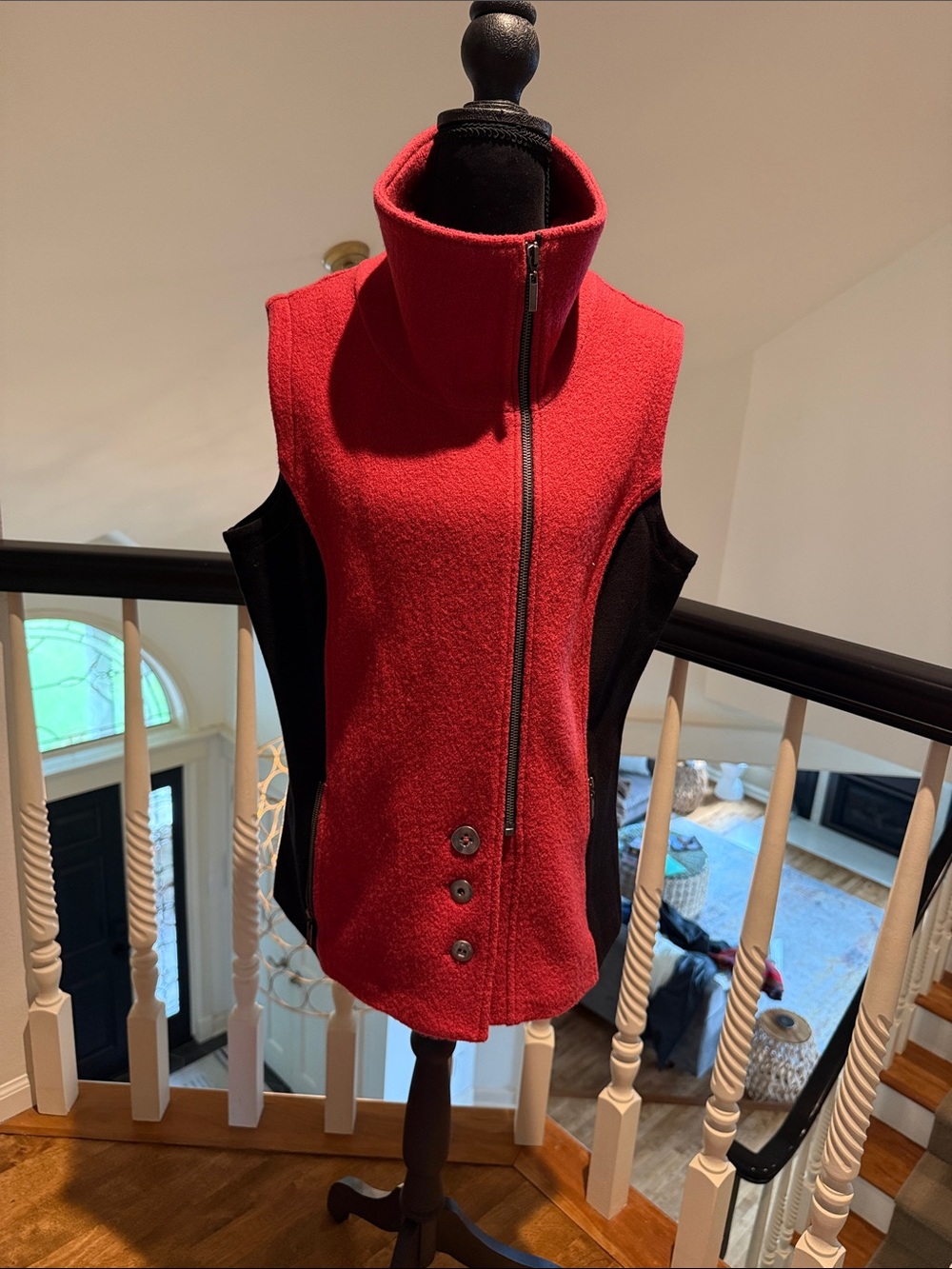 Red Sleeveless Funnel-Neck Vest with Black Side Panels